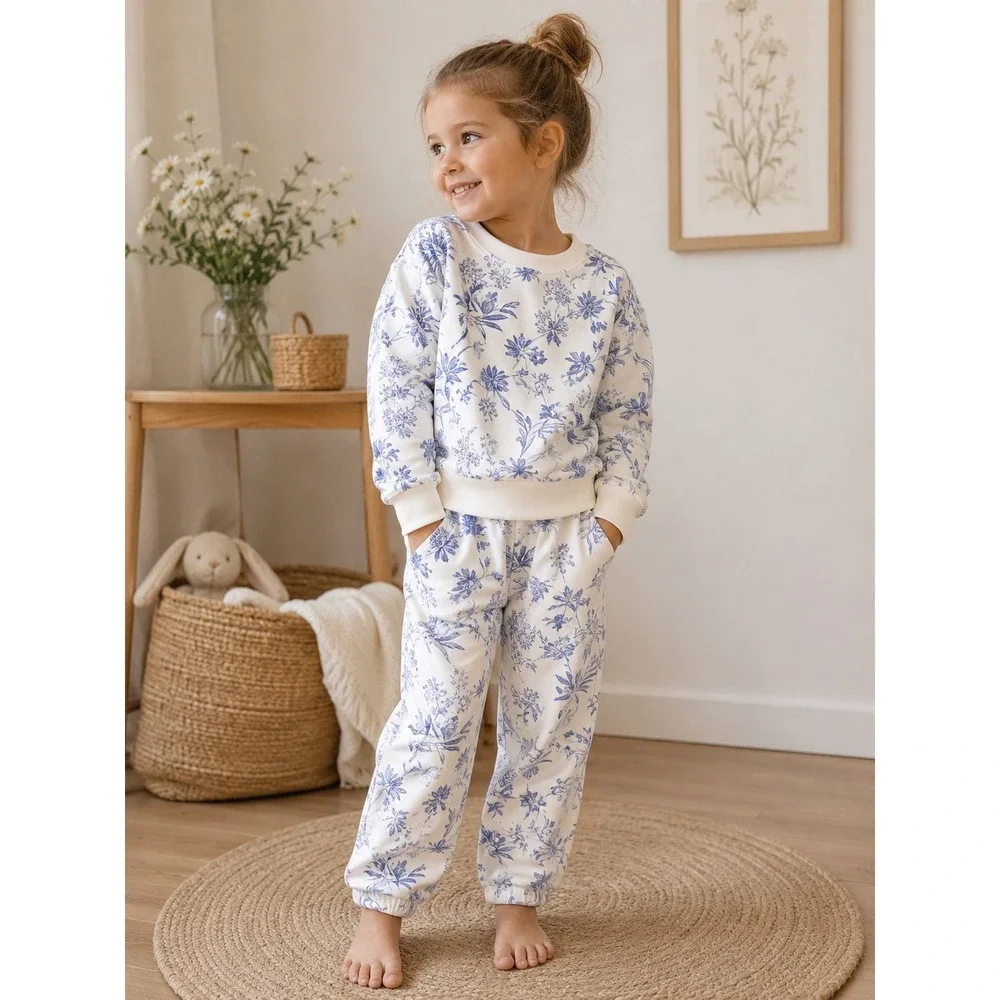 Gap Kids Sweatshirt Jogger Set Girls 5 XS Blue White Floral Fleece NWT Toile